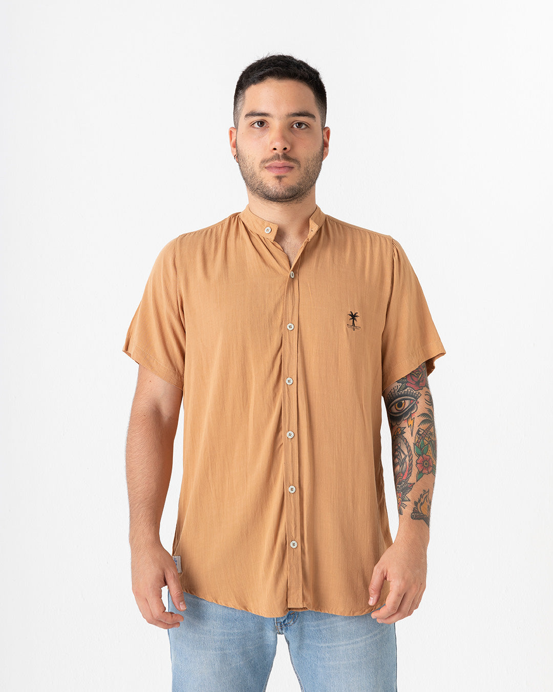 Men's Tarantino Mao Collar Shirt in Coffee (Chalis)